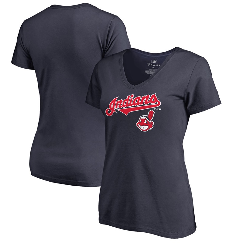 Women Cleveland Indians V-Neck Team Lockup Navy T-Shirt