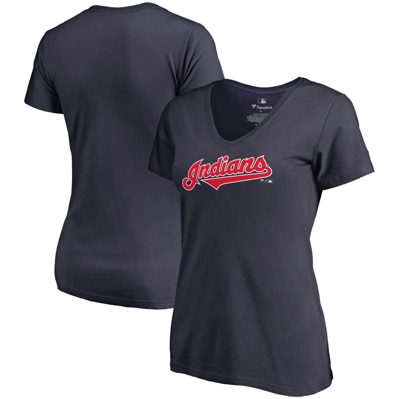 Women Cleveland Indians V-Neck Team Wordmark Navy T-Shirt