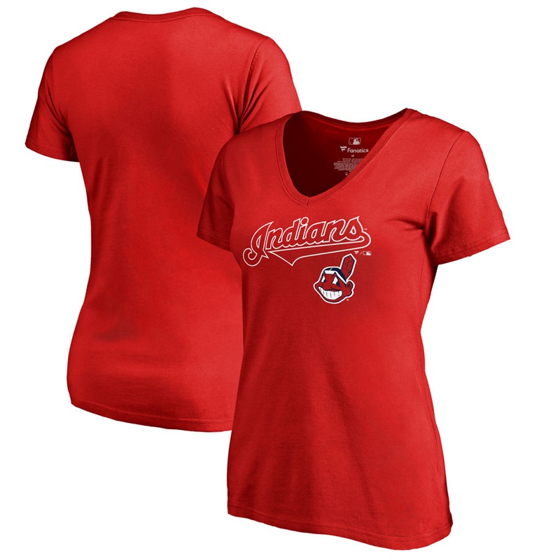 Women Cleveland Indians V-Neck Team Lockup Red T-Shirt