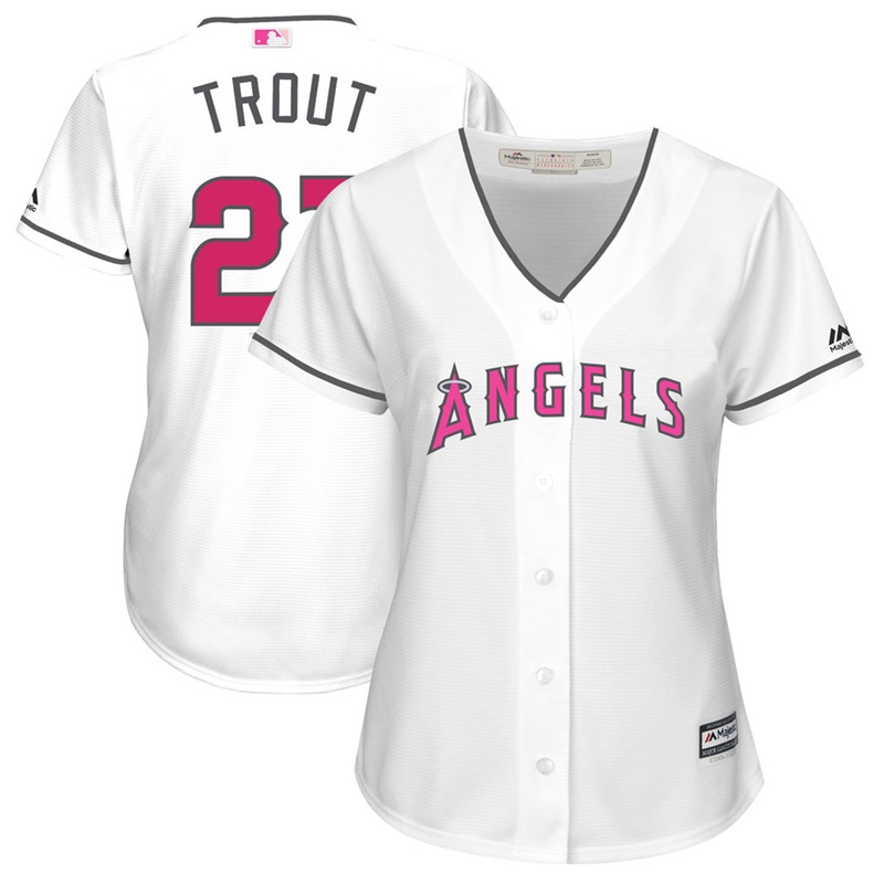 Women 2017 Mother's Day Los Angeles Angels #27 Mike Trout White Cool Base Jersey