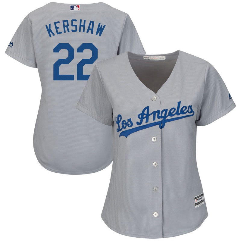 Women Los Angeles Dodgers #22 Clayton Kershaw Road Gray Cool Base Jersey