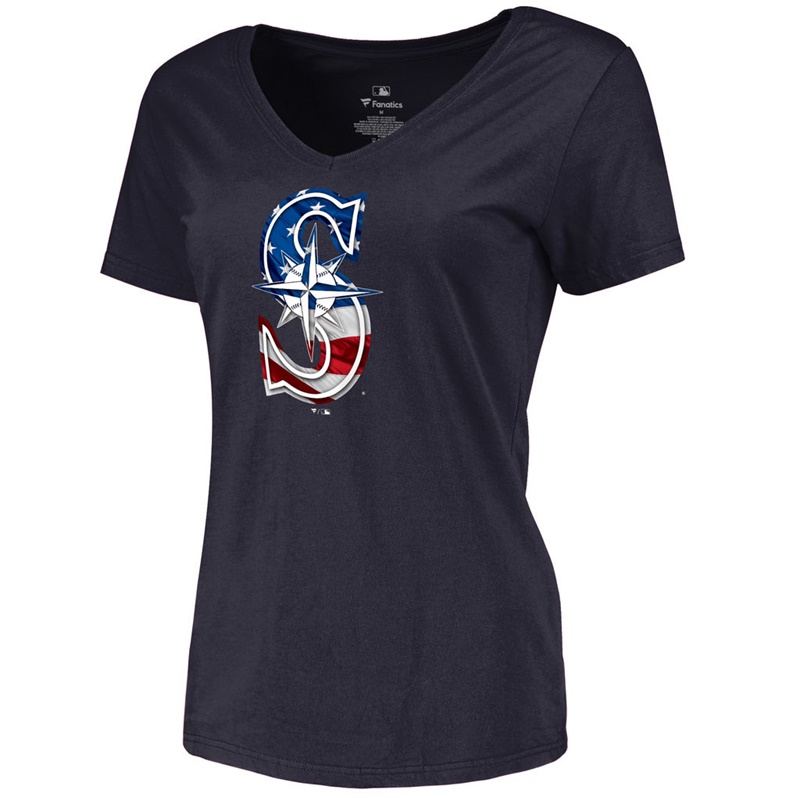 Women Seattle Mariners Slim Fit Banner Wave Navy T-Shirt