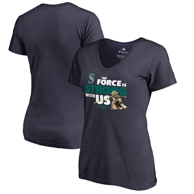 Women Seattle Mariners Star Wars Jedi Strong V-Neck Slim Fit Navy T-Shirt