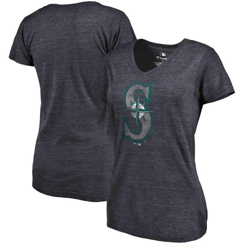 Women Seattle Mariners V-Neck Primary Distressed Team Navy T-Shirt