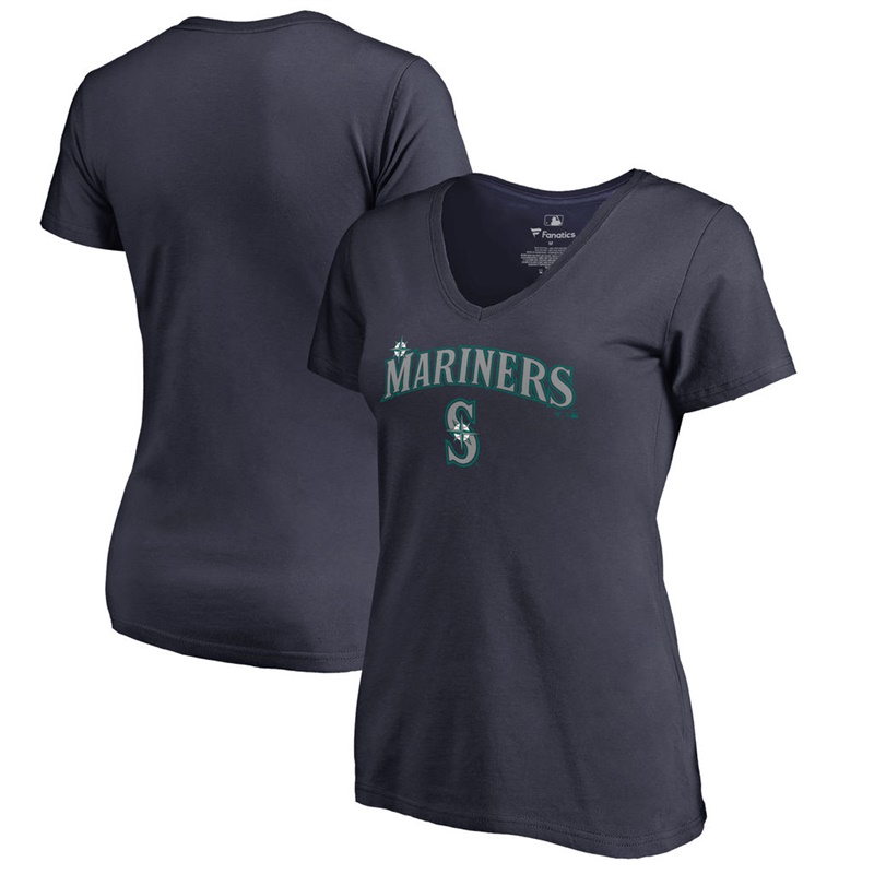 Women Seattle Mariners V-Neck Team Lockup Navy T-Shirt