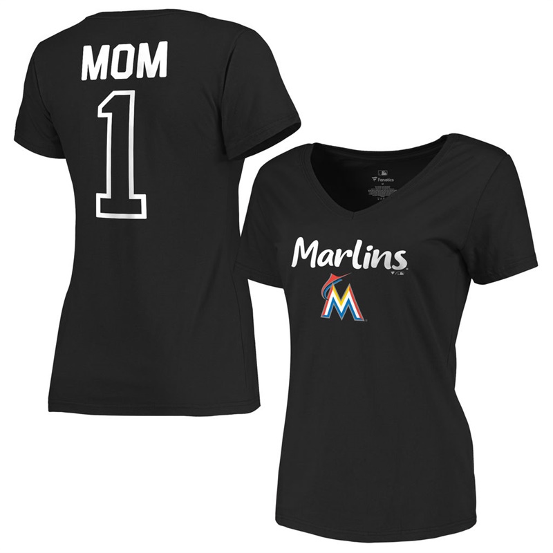 Women 2017 Mother's Day Miami Marlins #1 Mom V-Neck Black T-Shirt