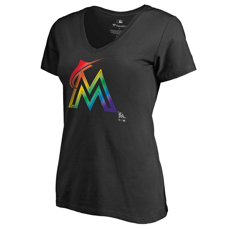 Women Miami Marlins V-Neck Pride Black T-Shirt