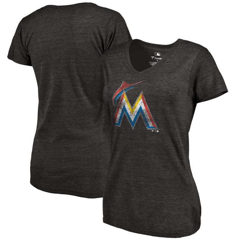 Women Miami Marlins V-Neck Primary Distressed Team Black T-Shirt