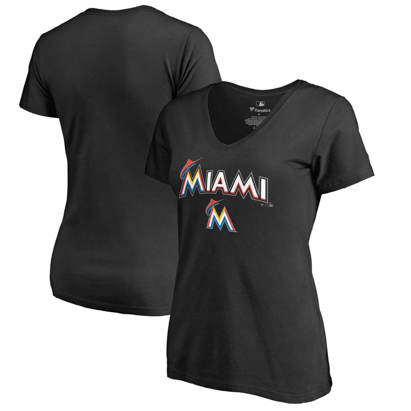 Women Miami Marlins V-Neck Team Lockup Black T-Shirt