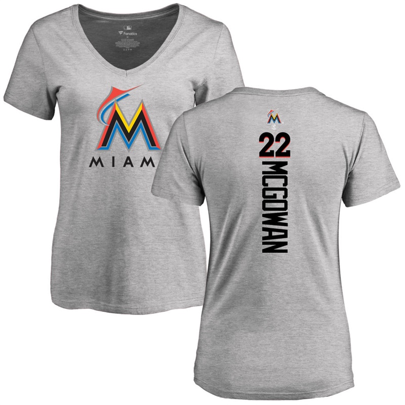 Women Miami Marlins Dustin McGowan Backer Slim Fit #22 Ash Name & Number T-Shirt