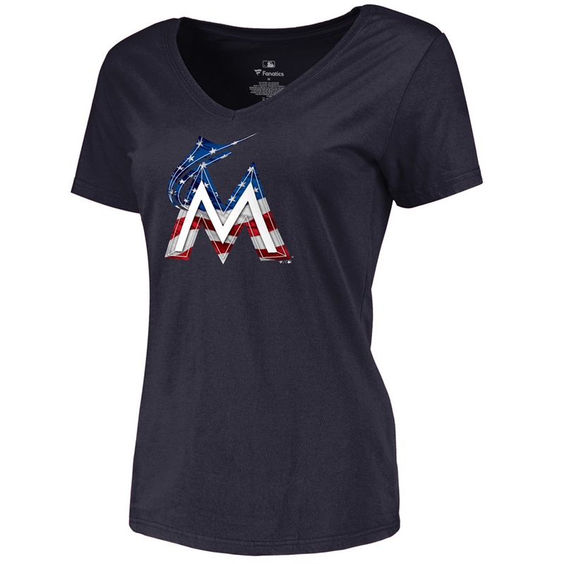 Women Miami Marlins Slim Fit Banner Wave Navy T-Shirt