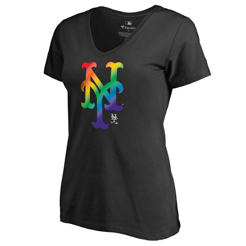 Women New York Mets V-Neck Pride Black T-Shirt