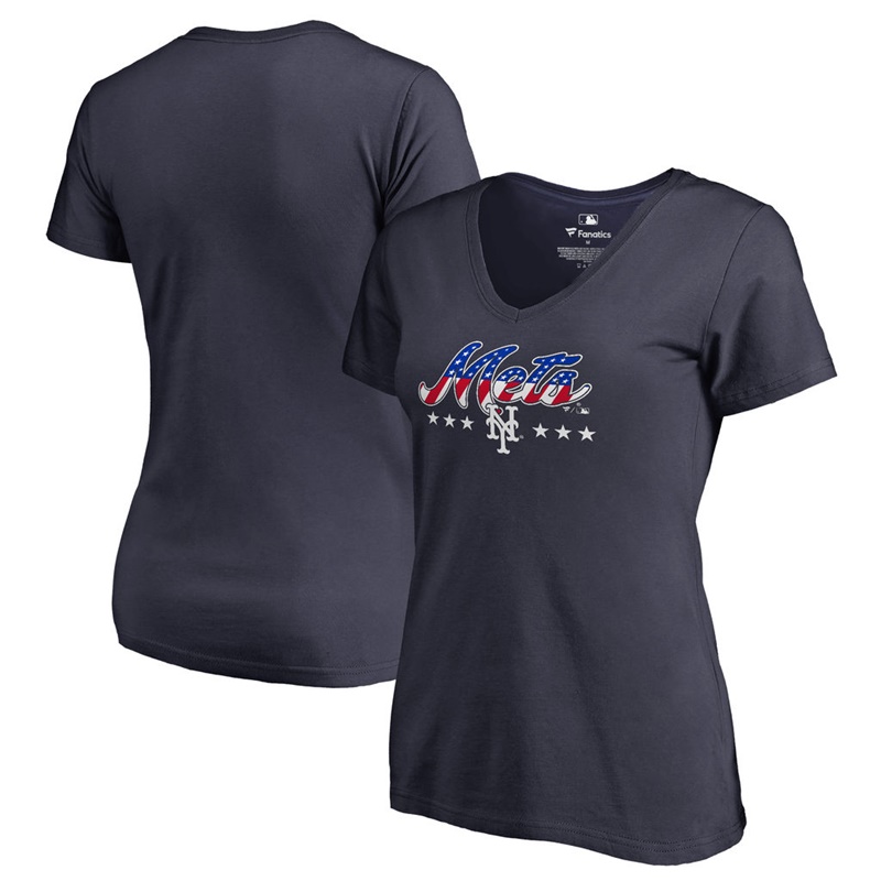 Women New York Mets Navy Spangled Script T-Shirt