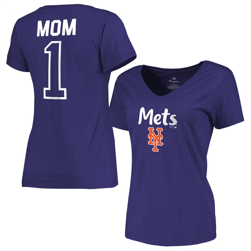 Women 2017 Mother's Day New York Mets #1 Mom V-Neck Royal T-Shirt