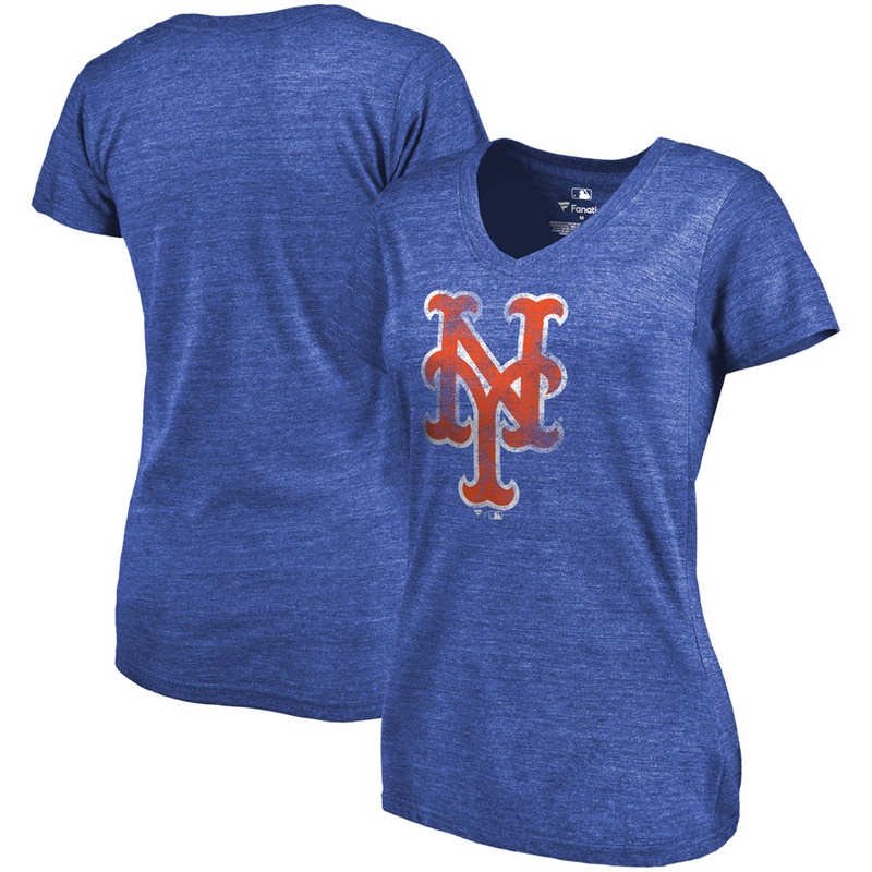 Women New York Mets V-Neck Primary Distressed Team Royal T-Shirt