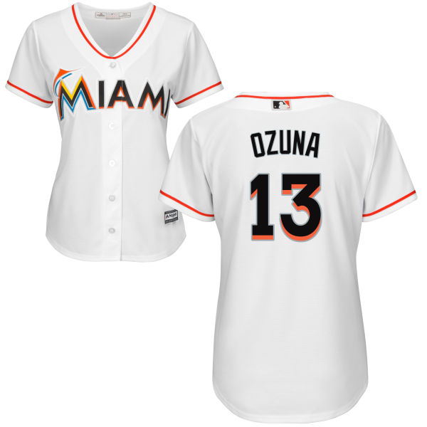 Women's Miami Marlins Marcell Ozuna #13 Majestic White Authentic Cool base Jersey