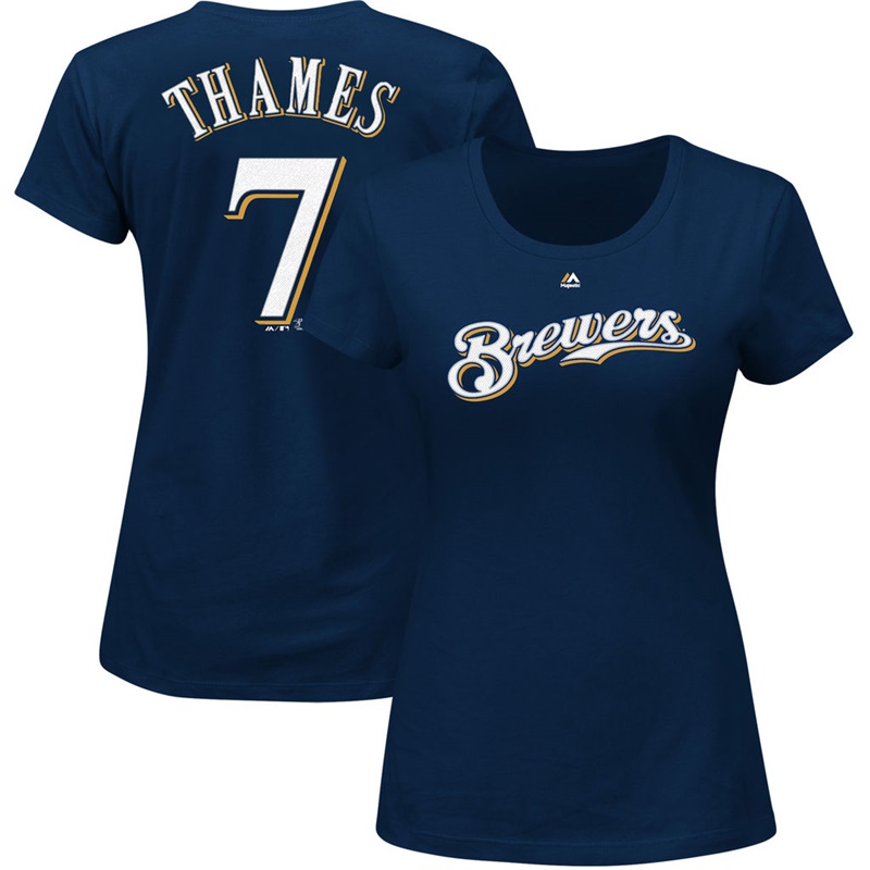 Women Milwaukee Brewers Eric Thames #7 Navy Roster Name & Number T-Shirt