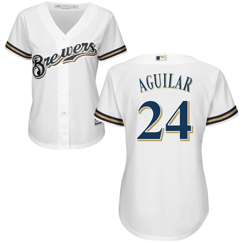 Women Milwaukee Brewers #24 Jesus Aguilar Home White Cool Base Jersey