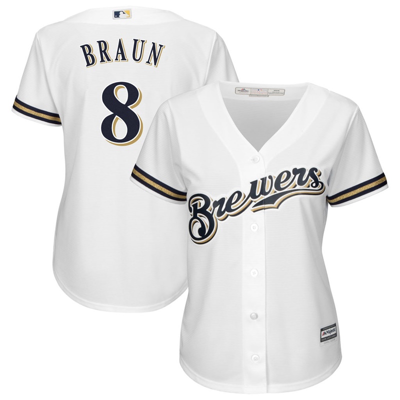 Women Milwaukee Brewers #8 Ryan Braun Replica Alternate White Cool Base Jersey