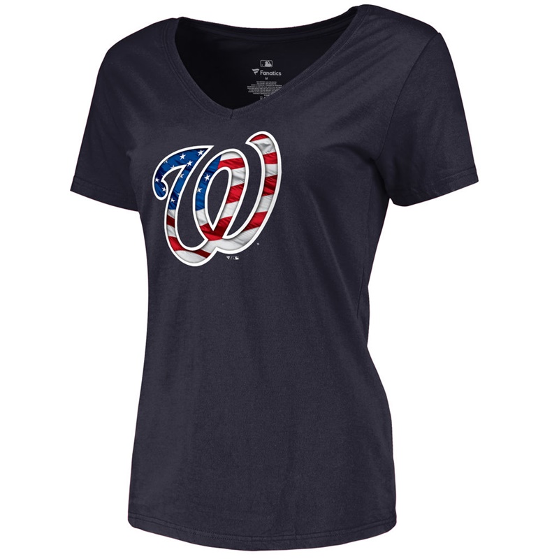 Women Washington Nationals Slim Fit Banner Wave Navy T-Shirt