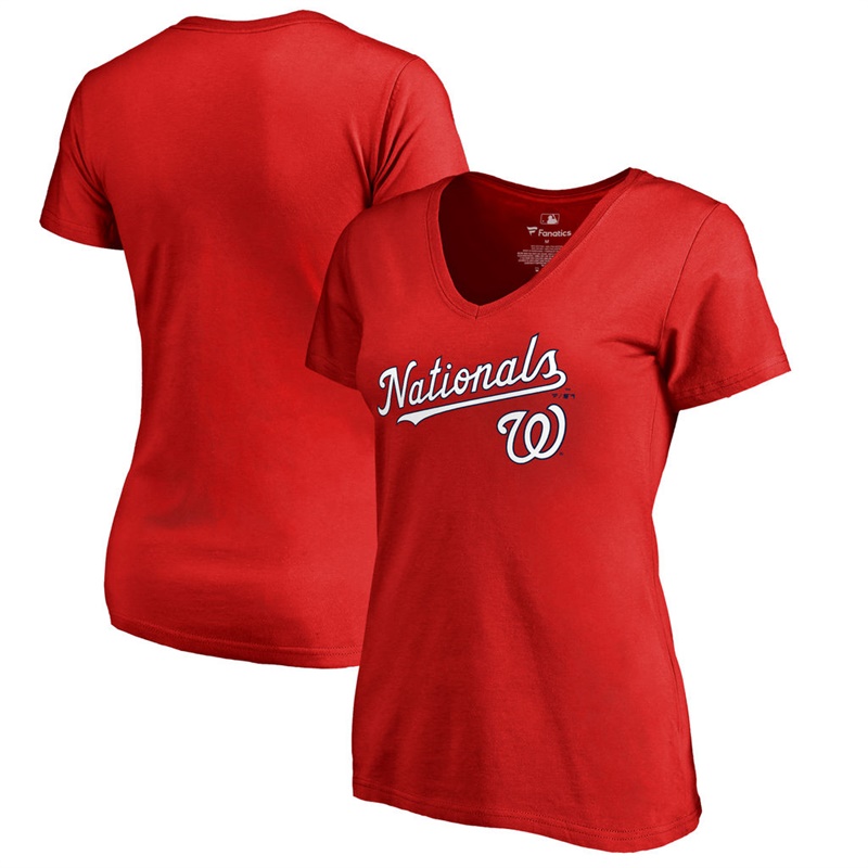 Women Washington Nationals V-Neck Team Lockup Red T-Shirt