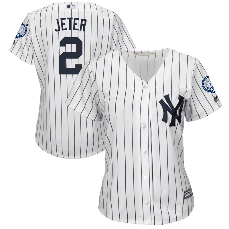 Women New York Yankees #2 Derek Jeter Retirement Patch Home White Cool Base Jersey