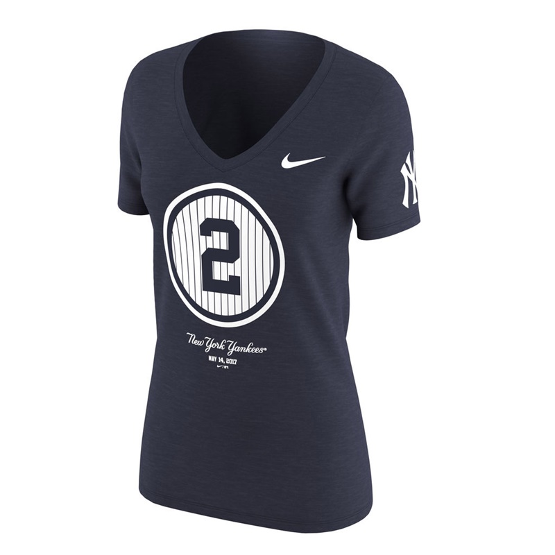 Women New York Yankees Derek Jeter #2 Navy V-Neck Number Retirement Day Swoosh Pinstripe T-Shirt