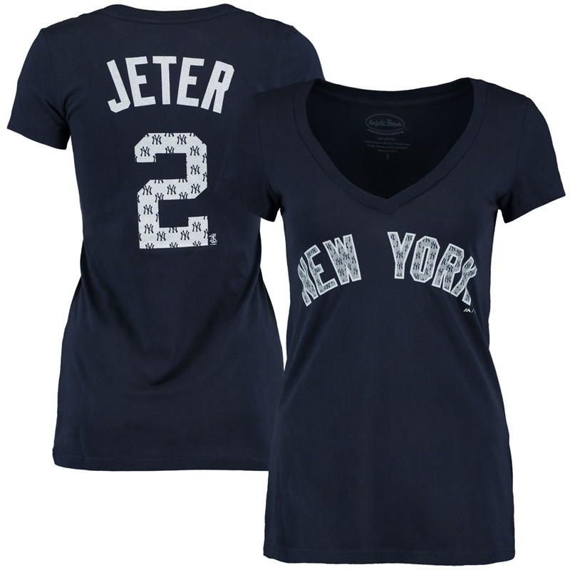 Women New York Yankees Derek Jeter #2 Navy Repeat Name & Number T-Shirt