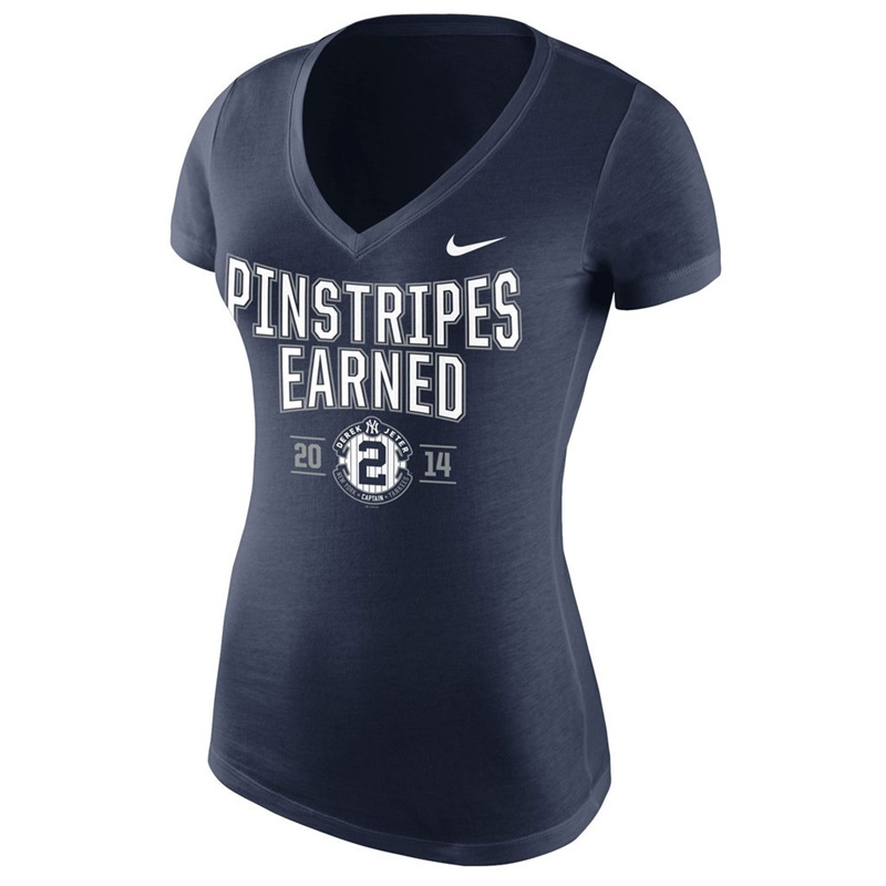 Women New York Yankees Derek Jeter #2 Navy Tri-Blend Pinstripes Earned V-Neck T-Shirt