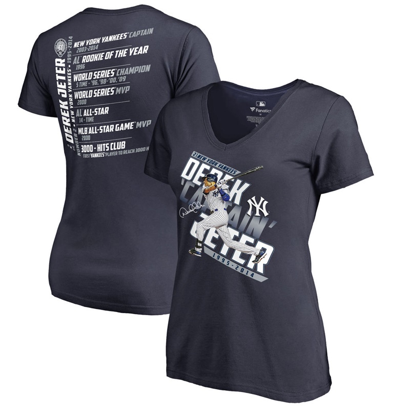 Women New York Yankees Derek Jeter Navy V-Neck Number Retirement Accomplishment T-Shirt