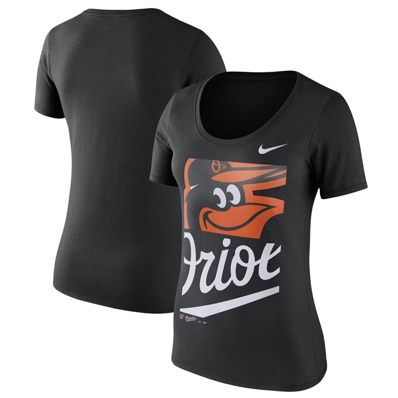 Women Baltimore Orioles Black Stack Logo Scoop Neck T-Shirt