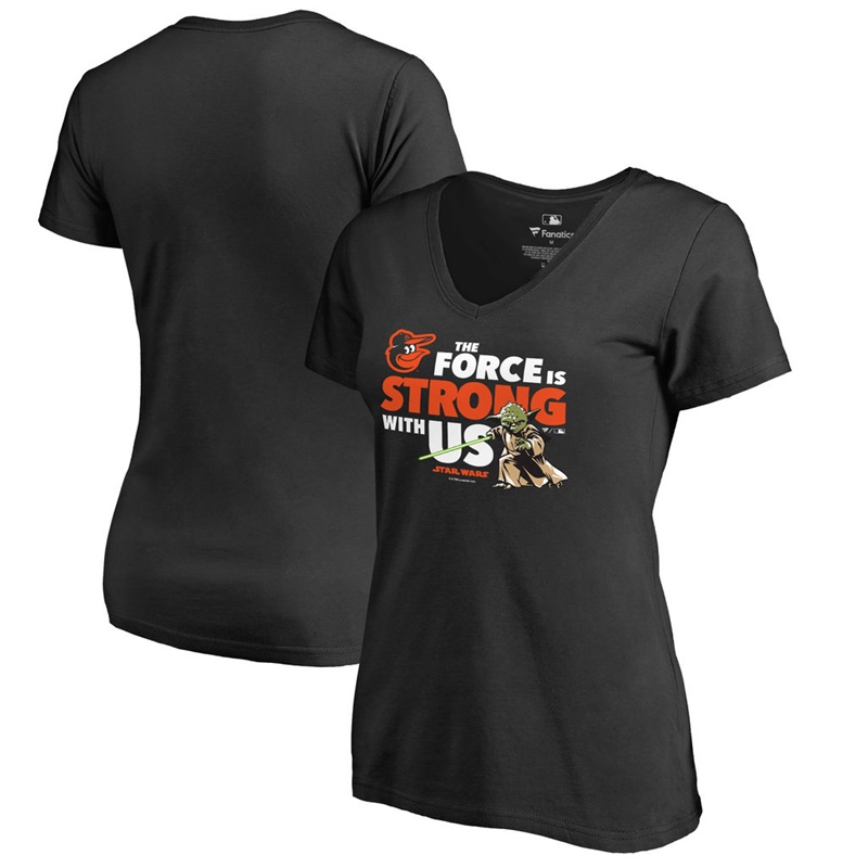 Women Baltimore Orioles Star Wars Jedi Strong V-Neck Slim Fit Black T-Shirt