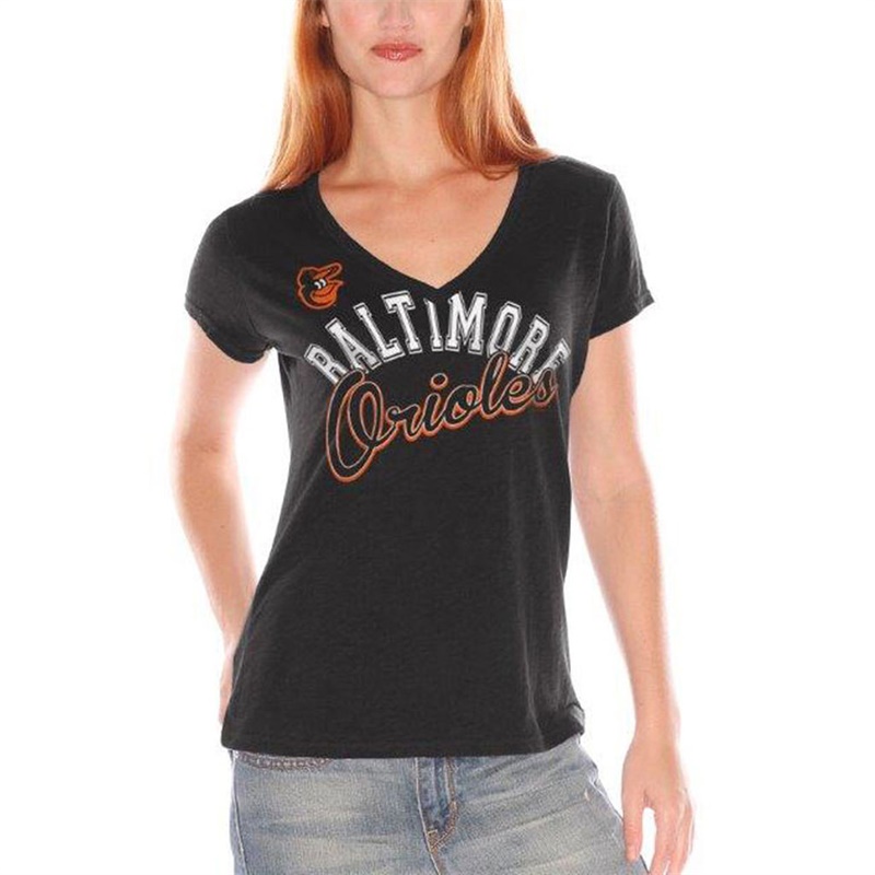 Women Baltimore Orioles V-Neck Fair Catch Black T-Shirt