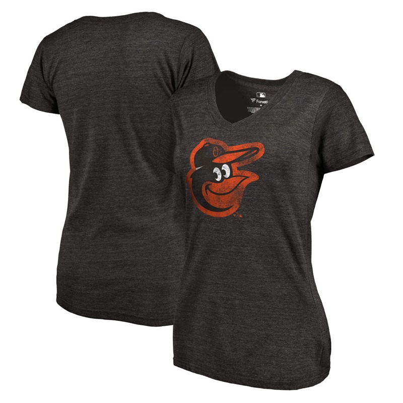 Women Baltimore Orioles V-Neck Primary Distressed Team Black T-Shirt