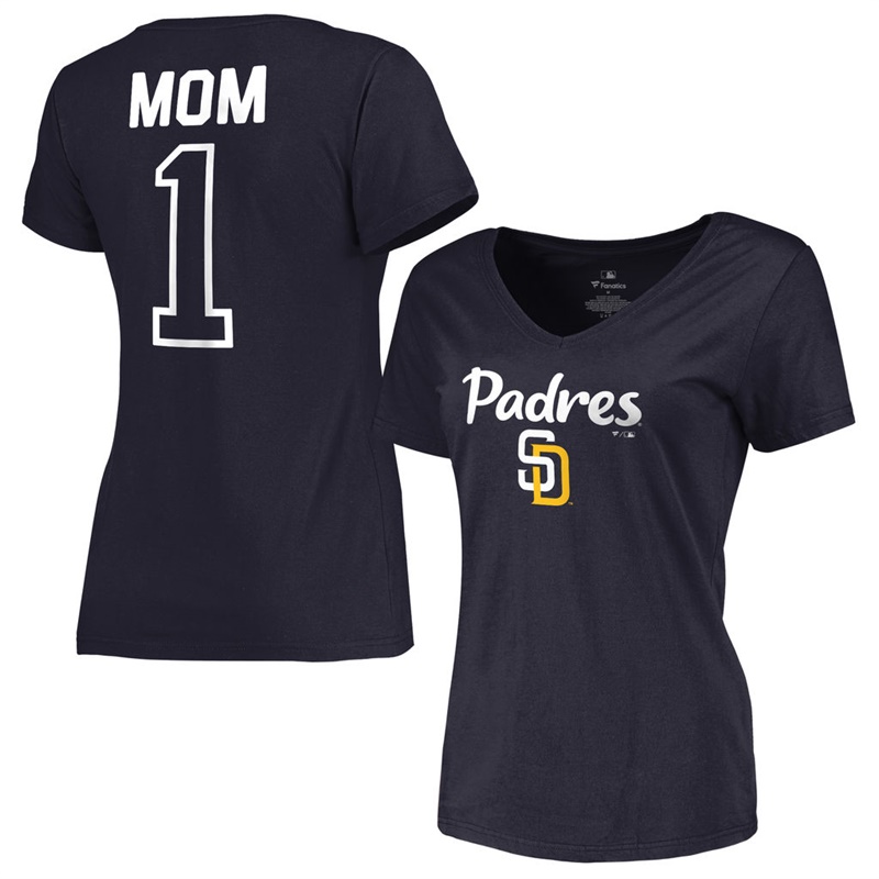 Women 2017 Mother's Day San Diego Padres #1 Mom V-Neck Navy T-Shirt