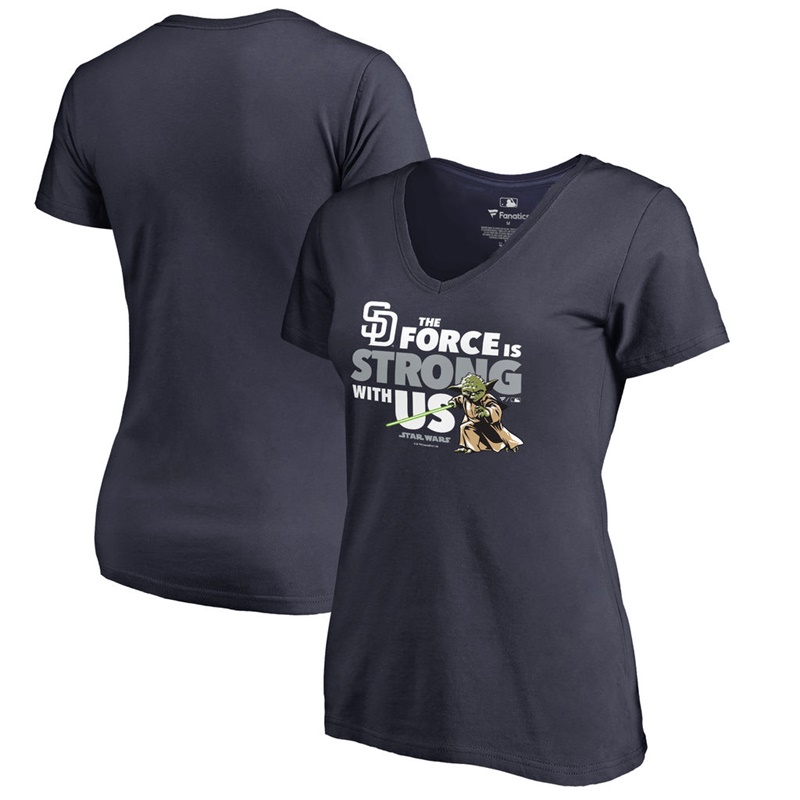 Women San Diego Padres Star Wars Jedi Strong V-Neck Slim Fit Navy T-Shirt