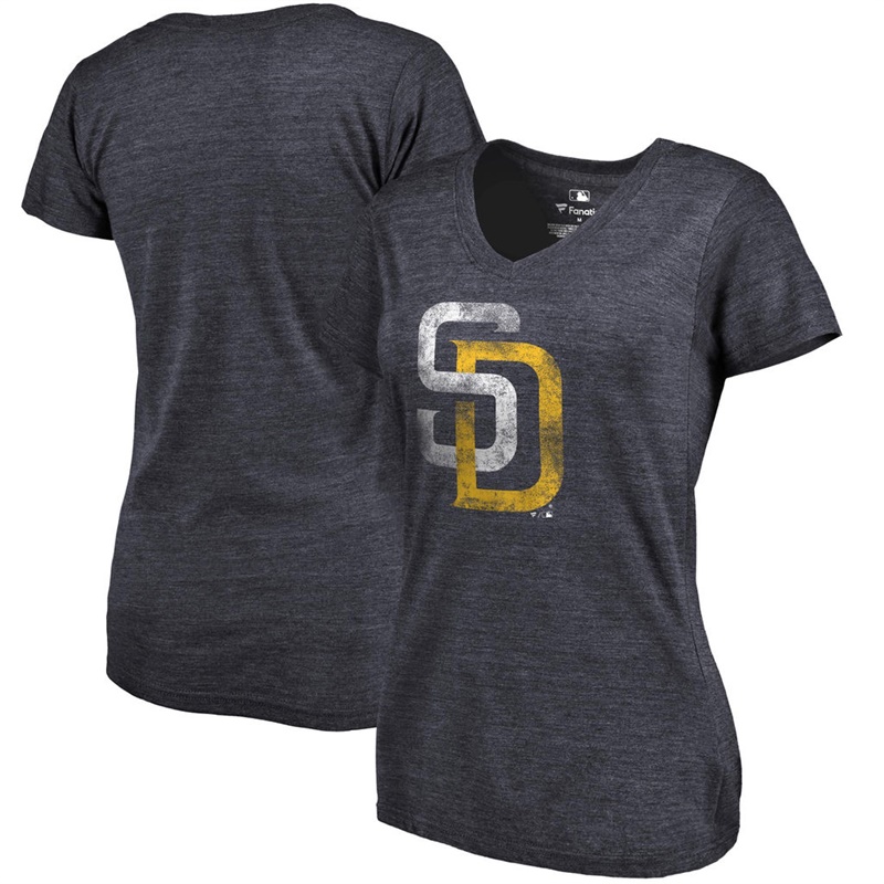 Women San Diego Padres V-Neck Primary Distressed Team Navy T-Shirt