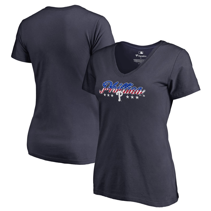 Women Philadelphia Phillies Navy Spangled Script T-Shirt