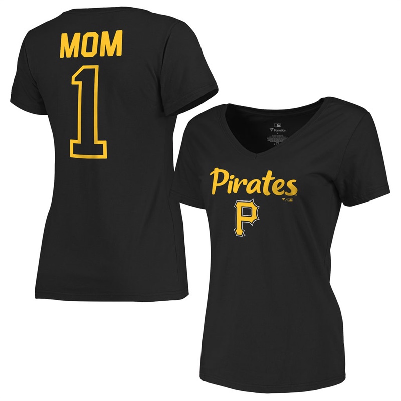 Women 2017 Mother's Day Pittsburgh Pirates #1 Mom V-Neck Black T-Shirt