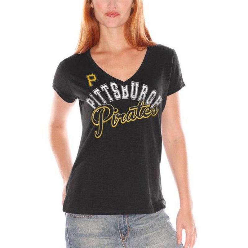 Women Pittsburgh Pirates V-Neck Fair Catch Black T-Shirt