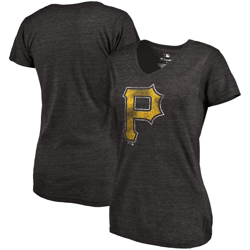 Women Pittsburgh Pirates V-Neck Primary Distressed Team Black T-Shirt