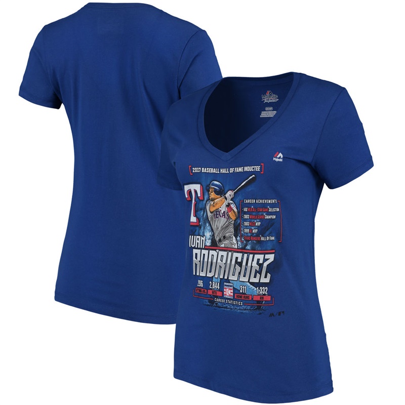 Women Texas Rangers Pudge Rodriguez V-Neck Royal 2017 Hall of Fame Inductee Player T-Shirt