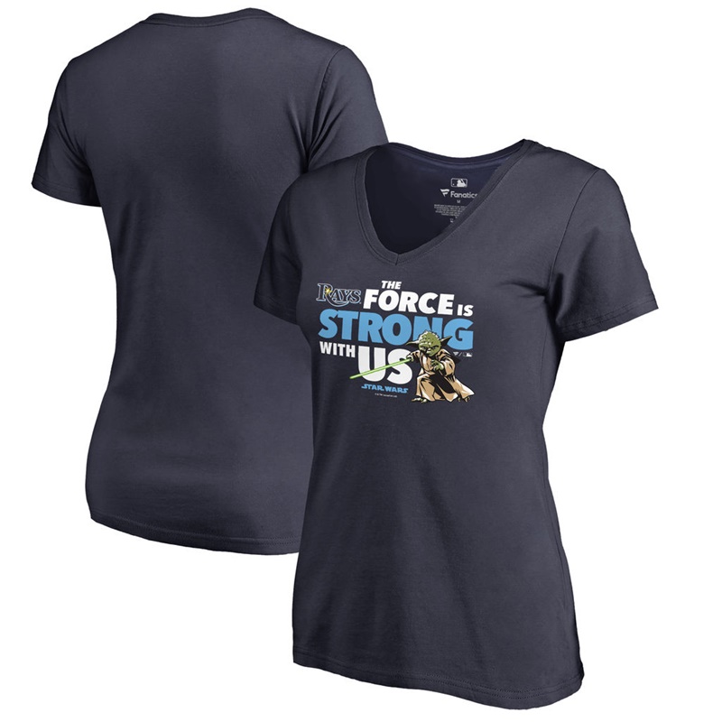 Women Tampa Bay Rays Star Wars Jedi Strong V-Neck Slim Fit Navy T-Shirt