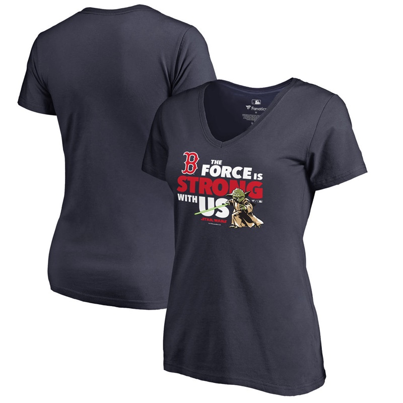 Women Boston Red Sox Star Wars Jedi Strong V-Neck Slim Fit Navy T-Shirt