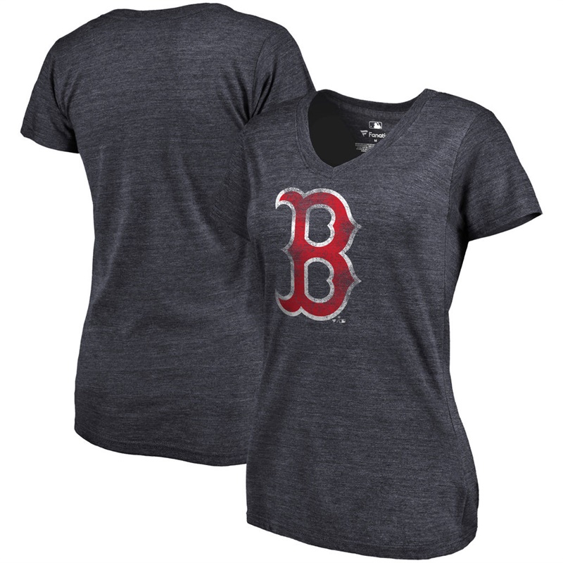 Women Boston Red Sox V-Neck Primary Distressed Team Navy T-Shirt