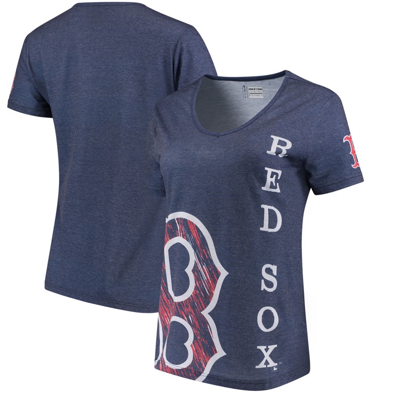 Women Boston Red Sox V-Neck Static Rain Navy T-Shirt