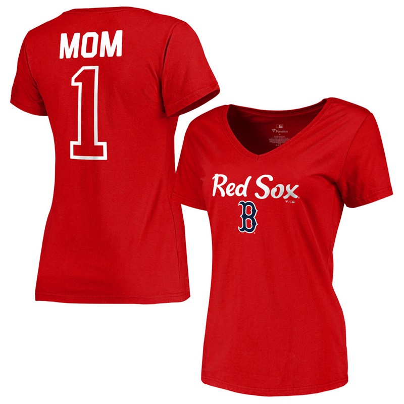 Women 2017 Mother's Day Boston Red Sox #1 Mom V-Neck Red T-Shirt