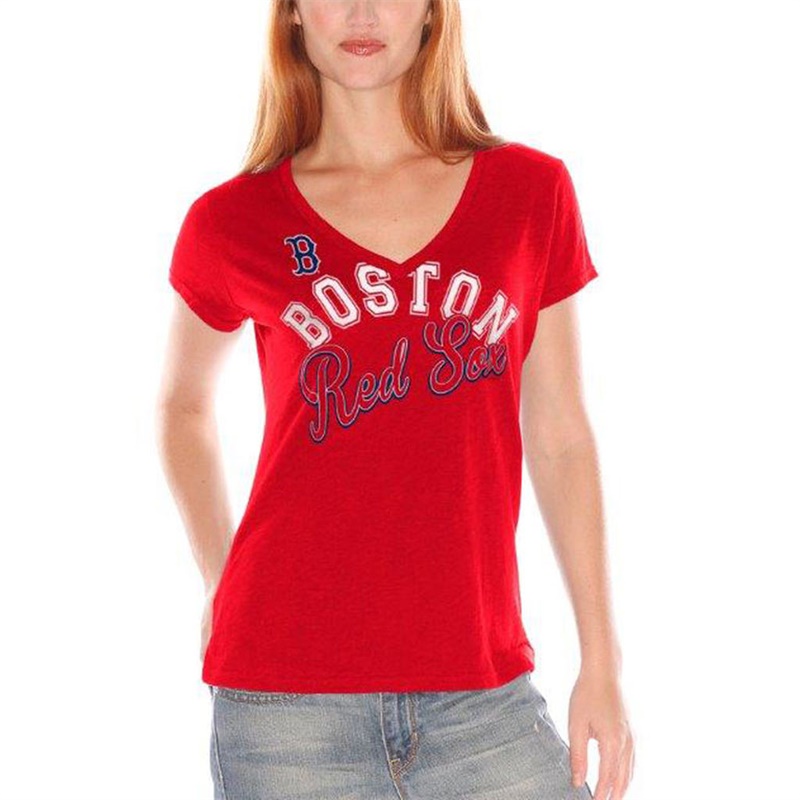 Women Boston Red Sox V-Neck Fair Catch Red T-Shirt