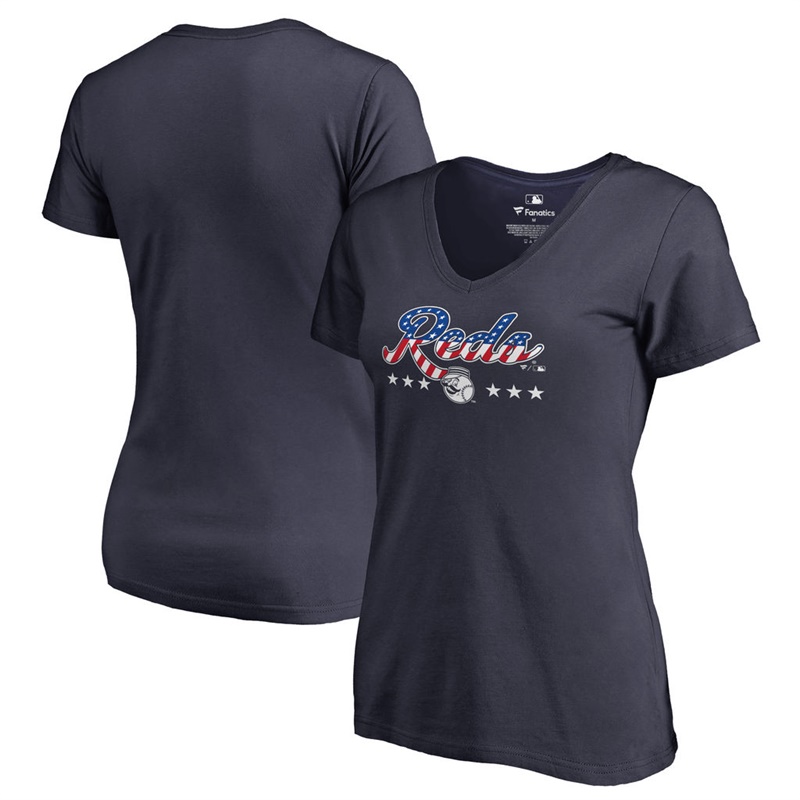 Women Cincinnati Reds Navy Spangled Script T-Shirt