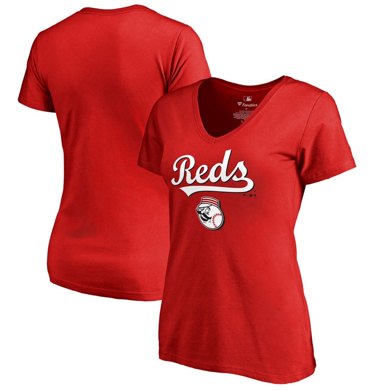 Women Cincinnati Reds V-Neck Team Lockup Red T-Shirt